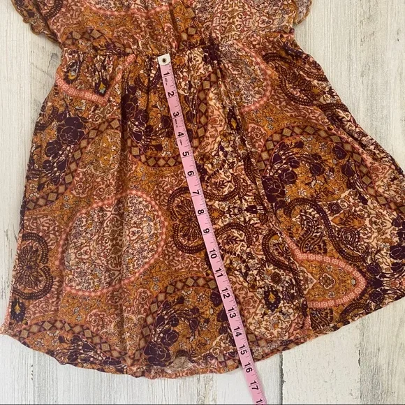 Weavers Mini Dress XS Brown Red Ruffle V-Neck Elastic Waist Festival Boho Summer - Picture 7 of 7